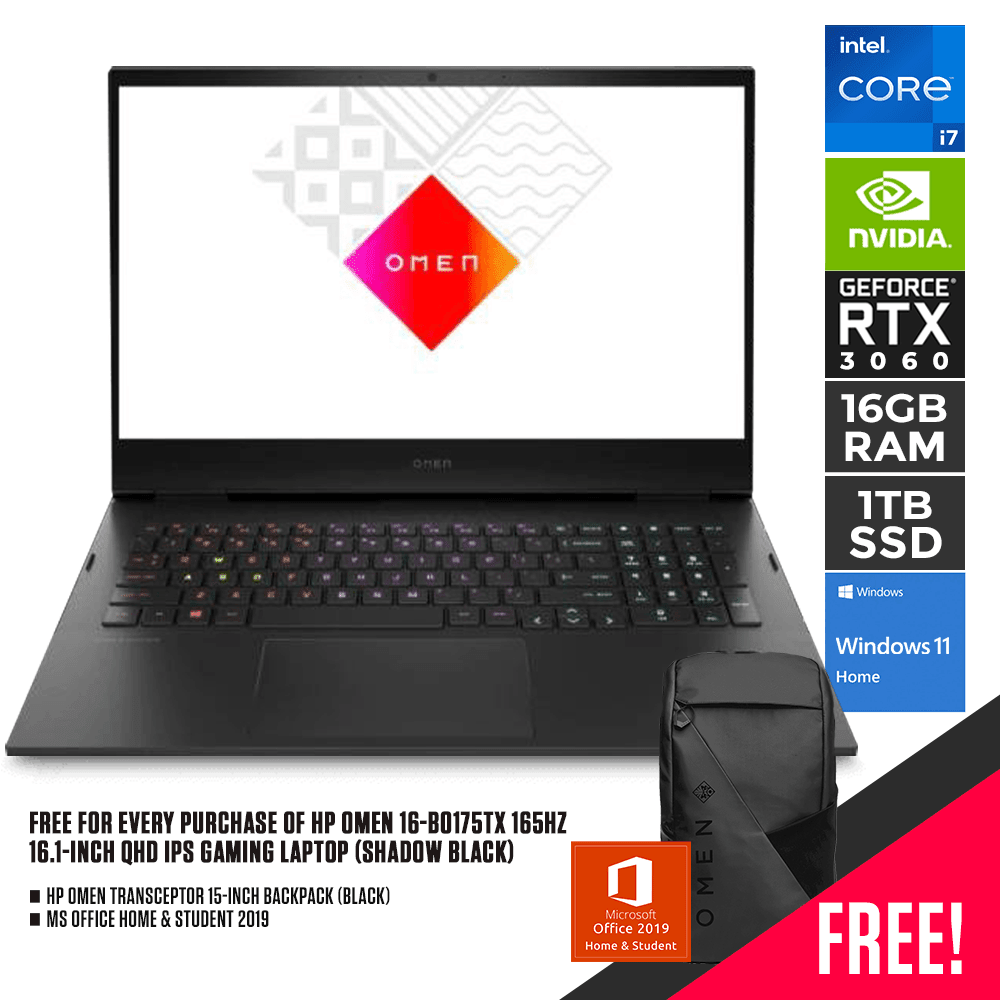 HP OMEN 16 - B0175TX 165HZ GAMING LAPTOP (SHADOW BLACK) | 16.1" QHD | i7 - 11800H | 16GB DDR4 | 1TB SSD | RTX 3060 | WIN11 + MS OFFICE HOME & STUDENT 2019 + HP OMEN TRANSCEPTOR BACKPACK (BLACK) - Nectostry