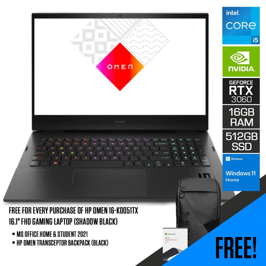 HP Omen 16 - K0051TX Gaming Laptop (Shadow Black) | 16.1" FHD | i5 - 12500H | 16GB RAM | 512GB SSD | RTX 3060 | Windows 11 Home | MS Office Home & Student 2021 | HP Omen Transceptor 15” Backpack (Black) - Nectostry
