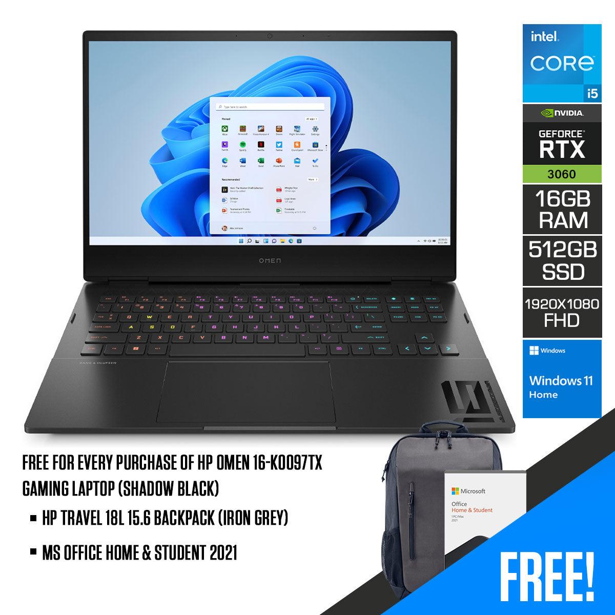 HP Omen 16 - K0097TX Gaming Laptop (Shadow Black) | 16.1" FHD IPS (1920 x 1080) | i5 - 12500H | 16GB RAM | 512GB SSD | RTX™ 3060 | Windows 11 | MS Office Home & Student 2021 | HP Travel 18L 15.6 Backpack (Iron Grey) - Nectostry