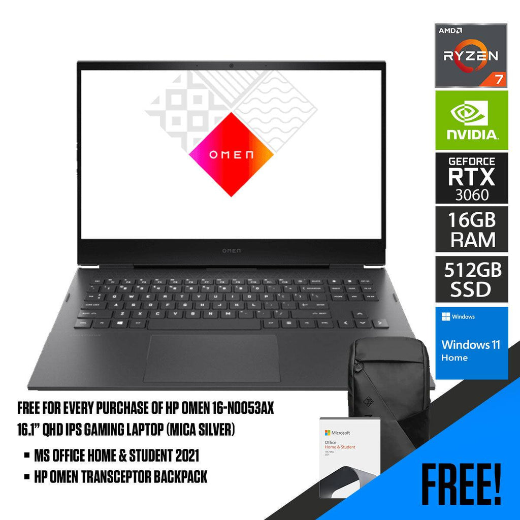 HP Omen 16 - N0053AX Gaming Laptop (Mica Silver) | 16.1" QHD | Ryzen 7 6800H | 16 GB RAM | 512 GB SSD | RTX 3060 | Windows 11 Home | MS Office Home & Student 2021 | HP Omen Transceptor 15” Backpack (Black) - Nectostry