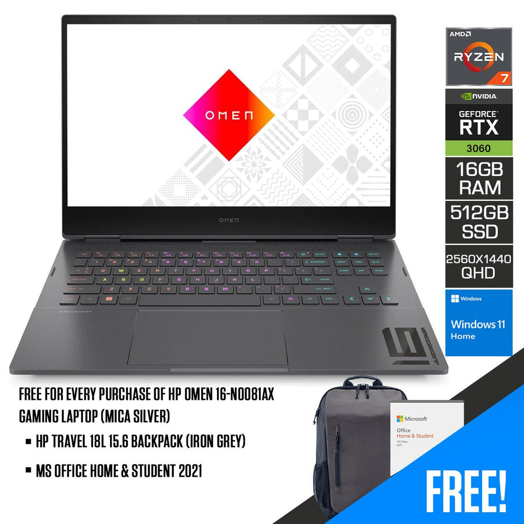 HP Omen 16 - N0081AX Gaming Laptop (Mica Silver) | 16.1” QHD IPS (2560 x 1440) | Ryzen™ 7 6800H | 16GB RAM | 512GB SSD | RTX 3060 | Windows 11 Home | MS Office Home & Student 2021 | HP Travel 18L 15.6 Backpack (Iron Grey) - Nectostry