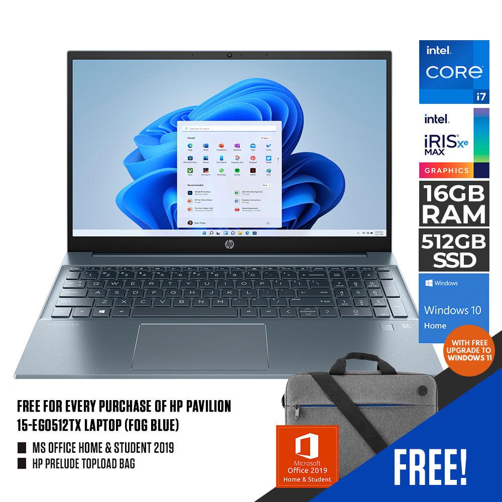 HP PAVILION 15 - EG0512TX LAPTOP (FOG BLUE) | 15.6” FHD | i7 - 1165G7 | 16GB DDR4 | 512GB SSD | IRIS XE | WIN10 + MS OFFICE HOME & STUDENT HP PRELUDE TOPLOAD BAG - Nectostry