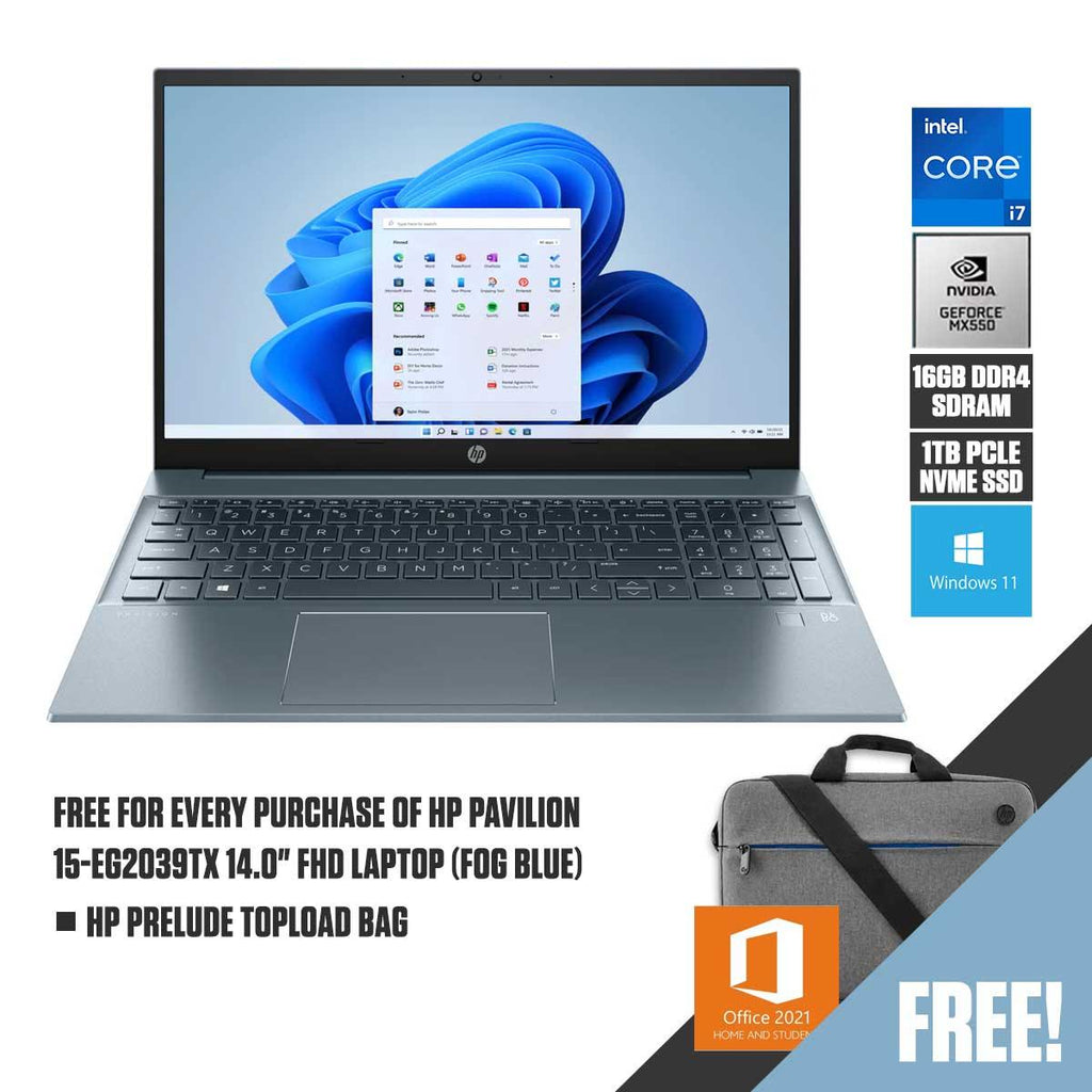 HP Pavilion 15 - EG2039TX Laptop (Fob Blue) | 15.6” FHD | i7 - 1255U | 16GB RAM DDR4 | 1TB M.2 SSD | NVIDIA MX550 | Windows 11 Home | MS Office Home & Student 2021 | HP Prelude 15.6" Topload Bag - Nectostry