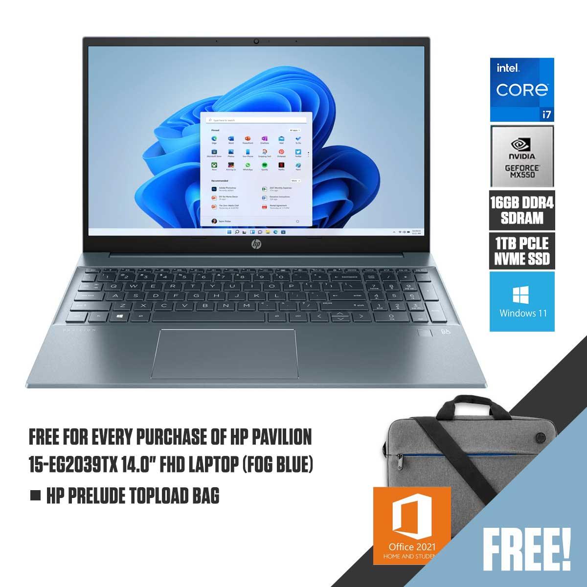 HP Pavilion 15 - EG2039TX Laptop (Fob Blue) | 15.6” FHD | i7 - 1255U | 16GB RAM DDR4 | 1TB M.2 SSD | NVIDIA MX550 | Windows 11 Home | MS Office Home & Student 2021 | HP Prelude 15.6" Topload Bag - Nectostry