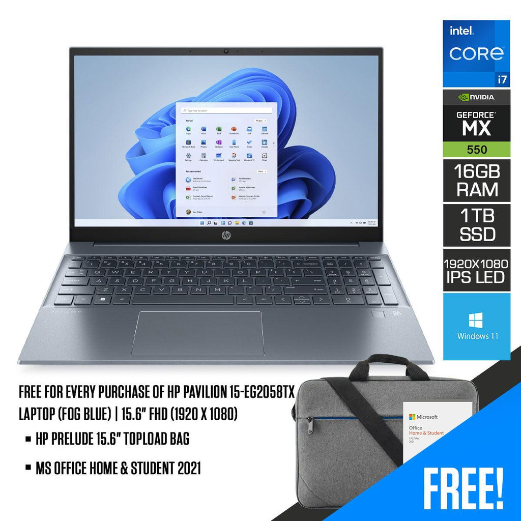HP Pavilion 15 - EG2058TX Laptop (Fog Blue) | 15.6" FHD (1920 x 1080) IPS LED | i7 - 1255U | 16 GB DDR4 RAM | 1 TB SSD | NVIDIA GeForce MX550 | Windows 11 | MS Office Home & Student 2021 | HP PRELUDE 15.6" Topload Bag - Nectostry