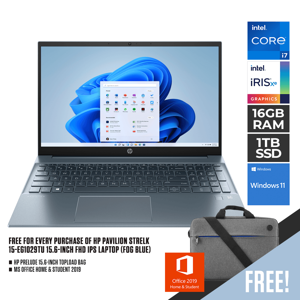 HP PAVILION STRELKA 15 - EG1029TU LAPTOP (FOG BLUE) | 15.6" FHD | i7 - 1195G7 | 16GB DDR4 | 1TB SSD | IRIS® XE GRAPHICS | WIN11 + MS OFFICE HOME & STUDENT HP PRELUDE TOPLOAD BAG - Nectostry