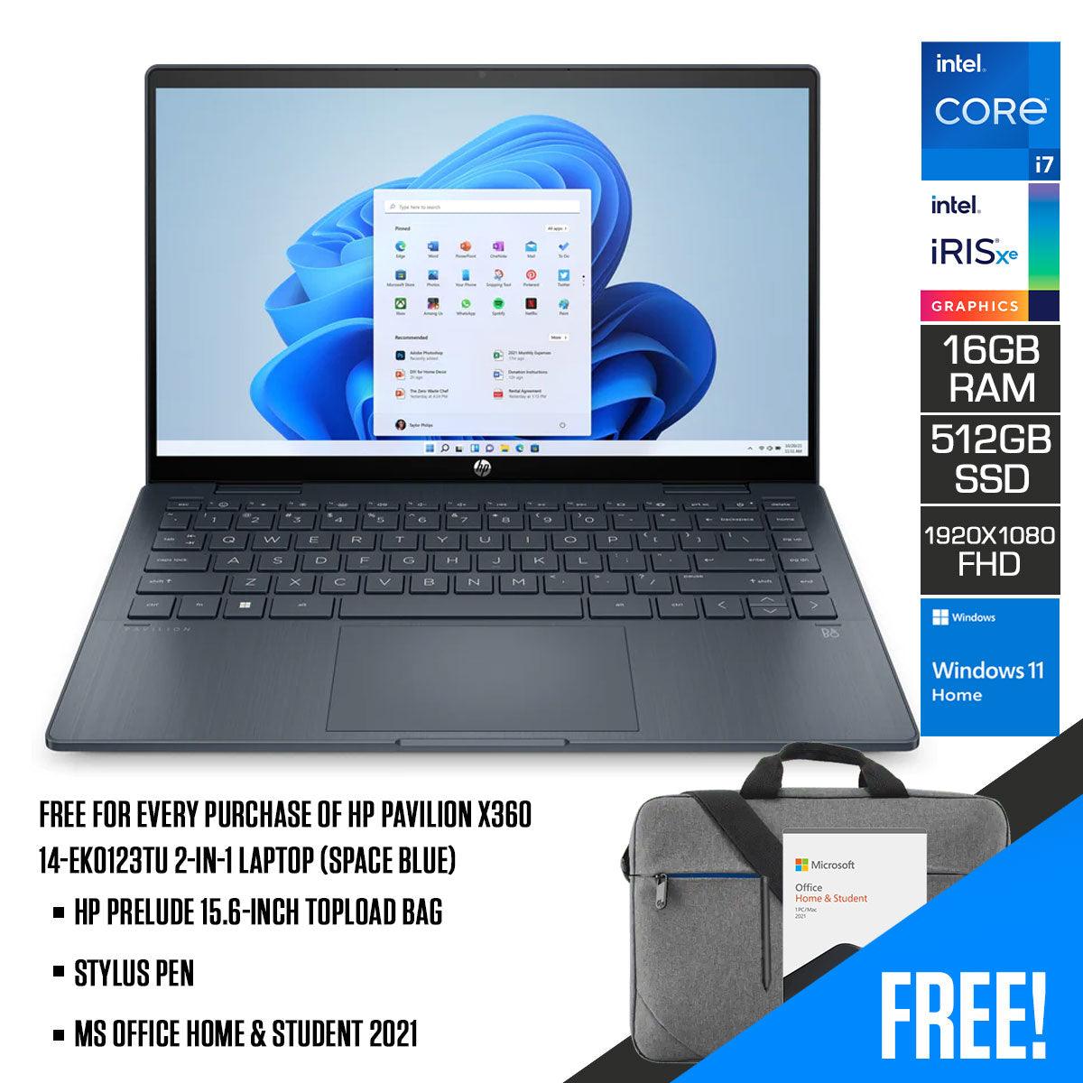 HP Pavilion X360 14 - EK0123TU 2 - In - 1 Laptop (Space Blue) | 14" FHD (1920 x 1080) | i7 - 1255U | 16GB RAM | 512GB SSD | Intel Iris Xe Graphics | Windows 11 Home | MS Office H&S 2021 | Stylus Pen | HP Prelude 15.6 - Inch Topload Bag - Nectostry