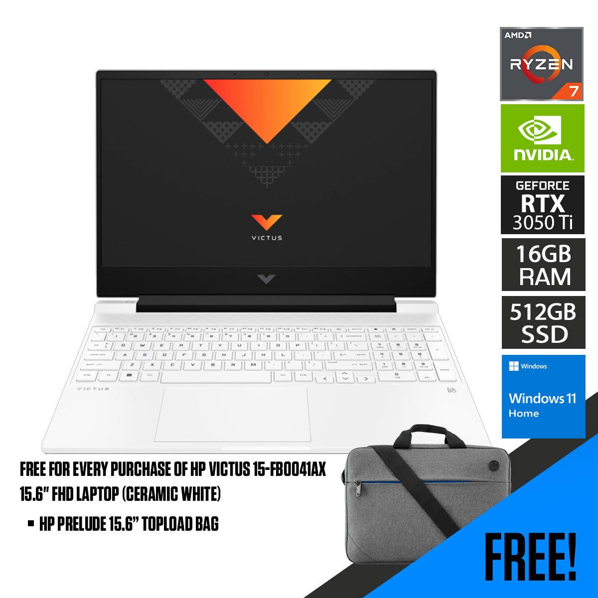 HP Victus 15 - FB0041AX Laptop (Ceramic White) | 15.6” FHD | Ryzen™ 7 5800H | 16GB RAM DDR4 | 512 GB SSD | RTX™ 3050 Ti | Windows 11 | HP Prelude 15.6” Topload Bag - Nectostry