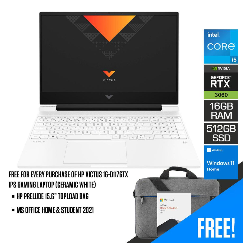 HP Victus 16 - D1176TX IPS Gaming Laptop (Ceramic White) | 16.1" FHD | i5 - 12500H | 16 GB DDR5 | 512 GB SSD | RTX™ 3060 | Windows 11 | MS Office Home & Student 2021 | HP Prelude 15.6” Topload Bag - Nectostry