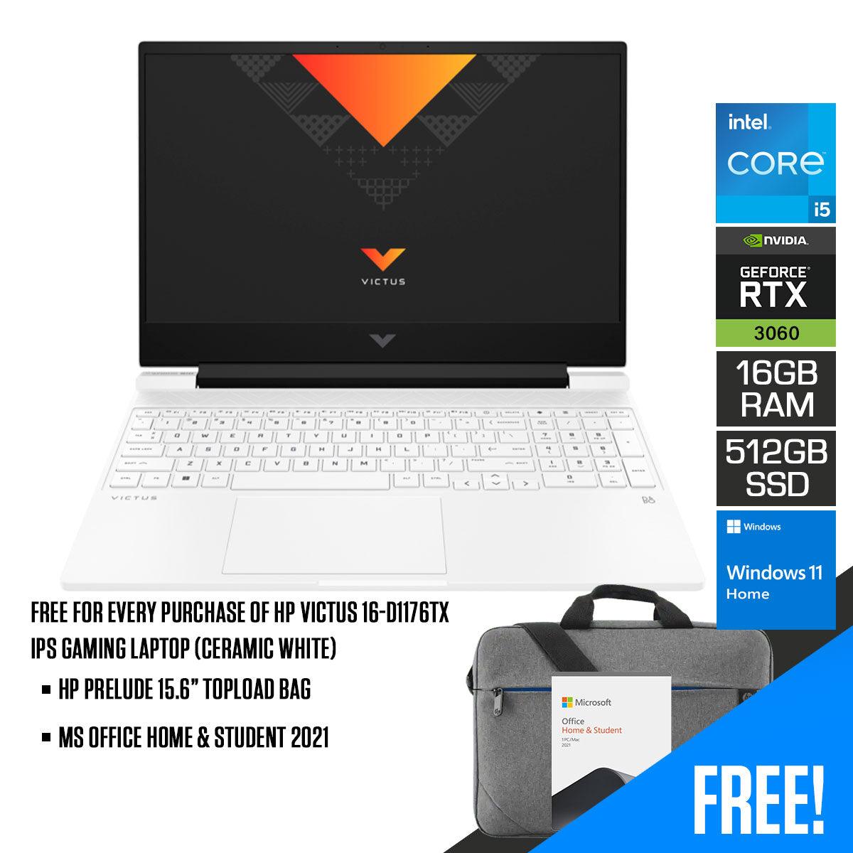 HP Victus 16 - D1176TX IPS Gaming Laptop (Ceramic White) | 16.1" FHD | i5 - 12500H | 16 GB DDR5 | 512 GB SSD | RTX™ 3060 | Windows 11 | MS Office Home & Student 2021 | HP Prelude 15.6” Topload Bag - Nectostry