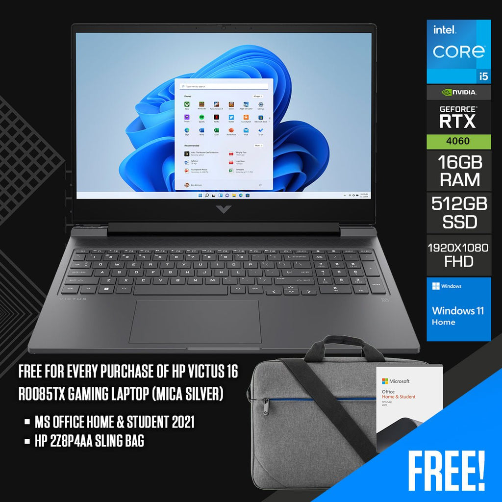 HP Victus 16 - R0085TX Gaming Laptop (Mica Silver) | 16.1” FHD (1920x1080) 144Hz | i5 - 13500HX | 16GB RAM | 512 GB SSD | RTX™ 4060 | Windows 11 Home | MS Office Home & Student 2021 | HP 2Z8P4AA Sling Bag - Nectostry