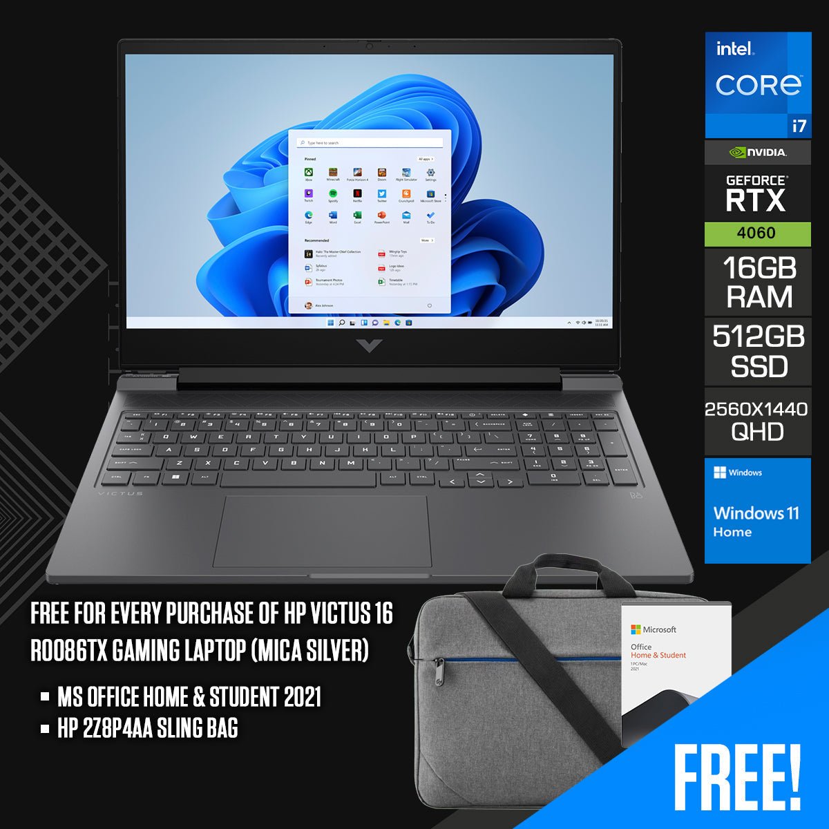 HP Victus 16 - R0086TX Gaming Laptop (Mica Silver) | 16.1” QHD (2560x1440) 165Hz | i7 - 13700HX | 16GB RAM | 512 GB SSD | RTX™ 4060 | Windows 11 Home | MS Office Home & Student 2021 | HP 2Z8P4AA Sling Bag - Nectostry