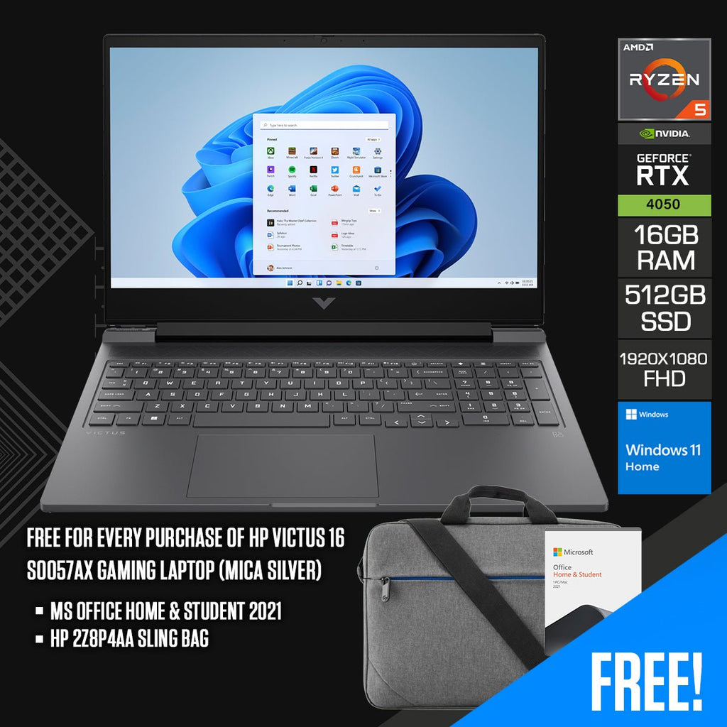 HP Victus 16 - S0057AX Gaming Laptop (Mica Silver) | 16.1” FHD (1920x1080) 144Hz | Ryzen 5 7640HS | 16GB RAM | 512 GB SSD | RTX™ 4050 | Windows 11 Home | MS Office Home & Student 2021 | HP 2Z8P4AA Sling Bag - Nectostry