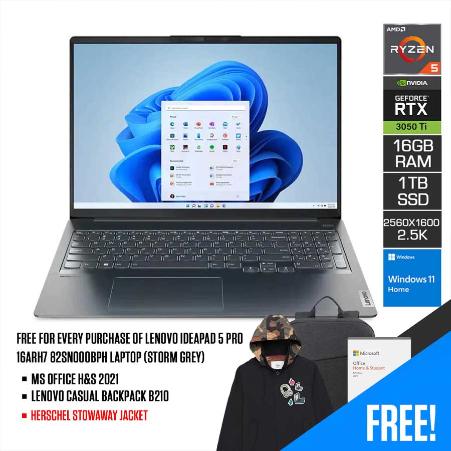 Lenovo Ideapad 5 Pro 16ARH7 82SN000BPH Laptop (Storm Grey) | 16" 2.6k | Ryzen 5 6600HS | 16GB RAM DDR5 |1 TB SSD | RTX 3050 Ti | Windows 11 Home | MS Office Home & Student 2021 + Lenovo Casual Backpack B210 - Nectostry