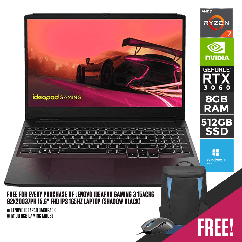 LENOVO IDEAPAD GAMING 3 15ACH6 82K20037PH 165HZ LAPTOP (SHADOW BLACK) | 15.6" FHD | RYZEN 7 5800H | 8GB DDR4 | 512GB SSD | RTX3060 | WIN11 + M100 RGB GAMING MOUSE + LENOVO IDEAPAD BACKPACK - Nectostry