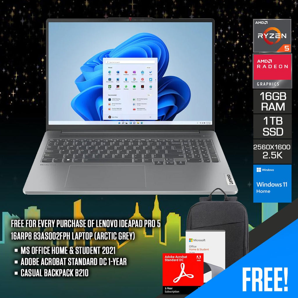 Lenovo Ideapad Pro 5 16ARP8 83AS002FPH Laptop (Arctic Grey) | 16" 2.5K (2560x1600) | Ryzen™ 5 7535HS | 16GB RAM | 1TB SSD | AMD Radeon™ 660M Graphics | Windows 11 Home | MS Office H&S 2021 | Adobe Acrobat Standard DC 1 - Year | Casual Backpack B210 - Nectostry