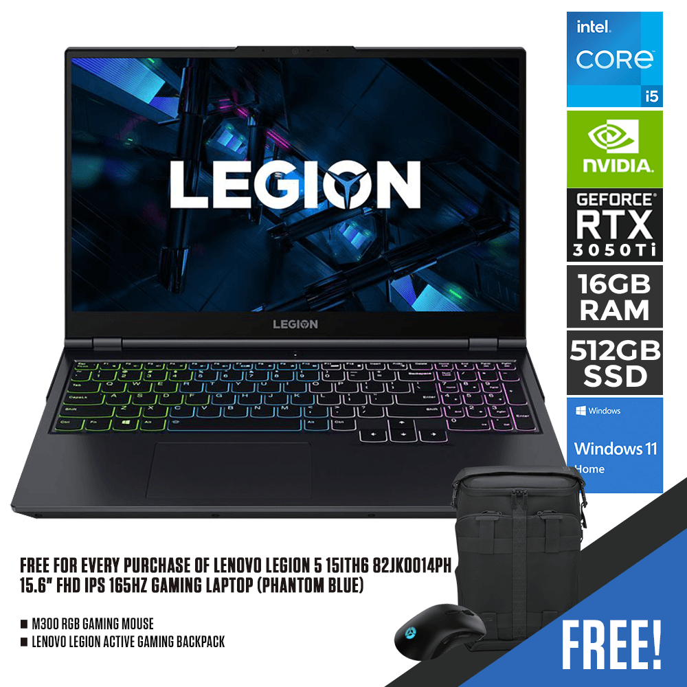 LENOVO LEGION 5 15ITH6 82JK0014PH 165HZ GAMING LAPTOP (PHANTOM BLUE) | 15.6" FHD | i5 - 11400H | 16GB DDR4 | 512GB SSD | RTX3050Ti | WIN11 + M300 RGB GAMING MOUSE + LENOVO LEGION ACTIVE GAMING BACKPACK - Nectostry