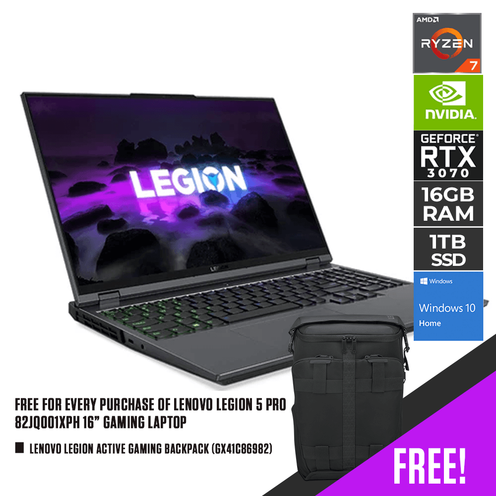 LENOVO LEGION 5 PRO 82JQ001XPH GAMING LAPTOP | 16" QHD | R7 - 5800H | 16GB DDR4 | 1TB SSD | RTX 3070 | WIN10 + LENOVO LEGION ACTIVE GAMING BACKPACK (GX41C86982) - Nectostry