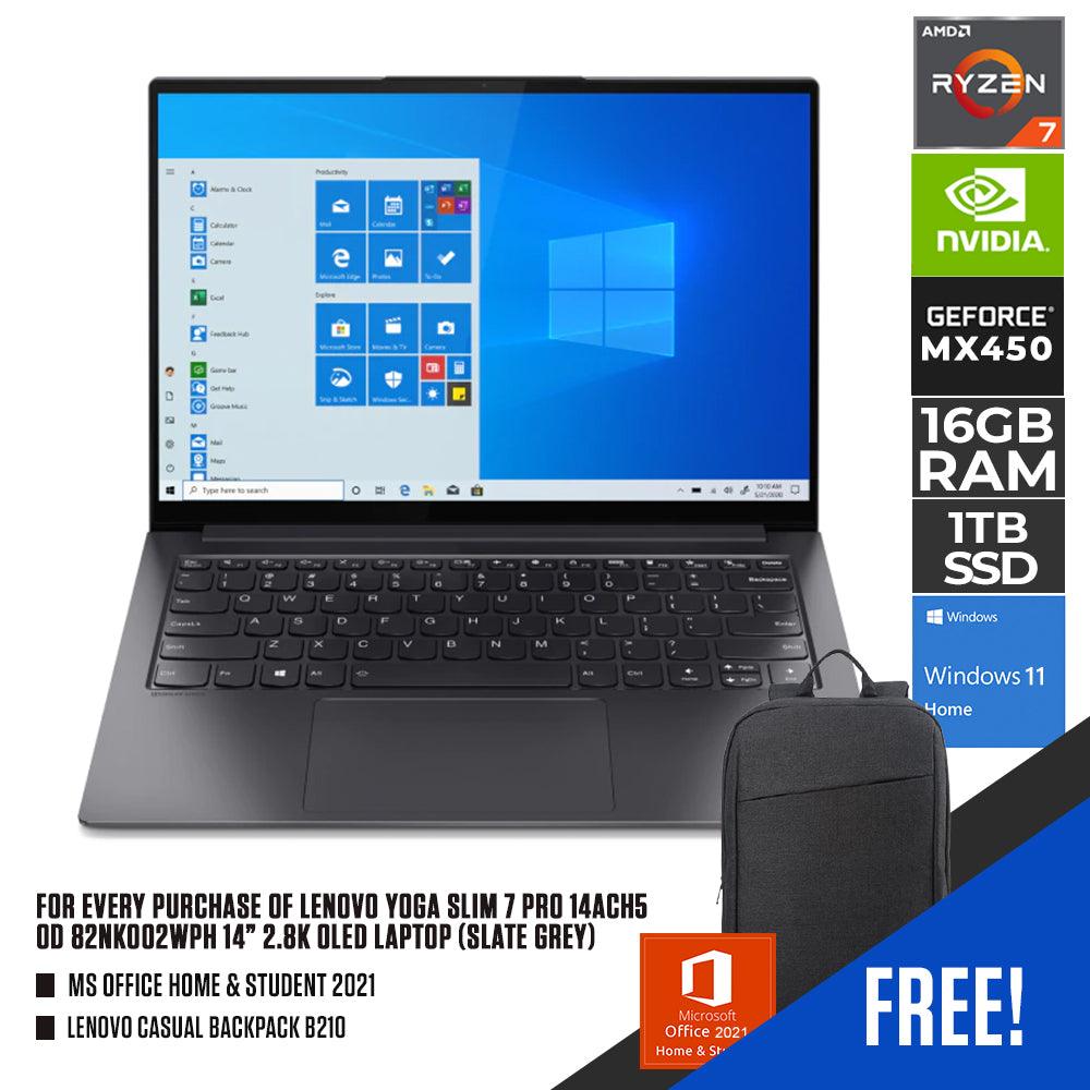 LENOVO YOGA SLIM 7 PRO 14ACH5 OD 82NK002WPH (SLATE GREY) | 14” OLED | RYZEN 7 5800HS | 16GB LPDDR4 | 1TB SSD | GEFORCE MX450 | WIN11 + MS OFFICE HOME & STUDENT 2021 + LENOVE CASUAL BACKPACK B210 + LENOVO TAB M8 - Nectostry